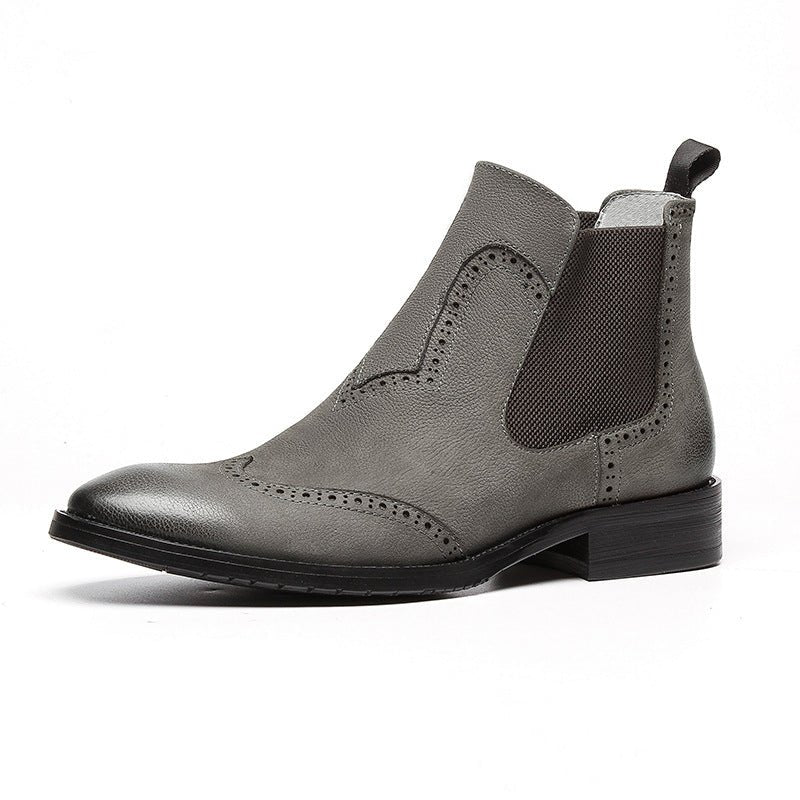 Men's Hand-Burnished Grey Brogue Chelsea Boots with Wingtip Perforation