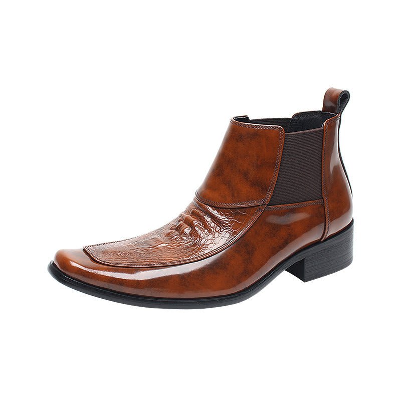 Rich Brown Crocodile Embossed Leather Chelsea Boots for Executive Business Attire