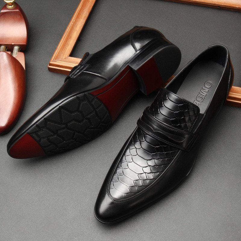 Black Exotic Snake and Crocodile Pattern Genuine Leather Formal Loafers for Men