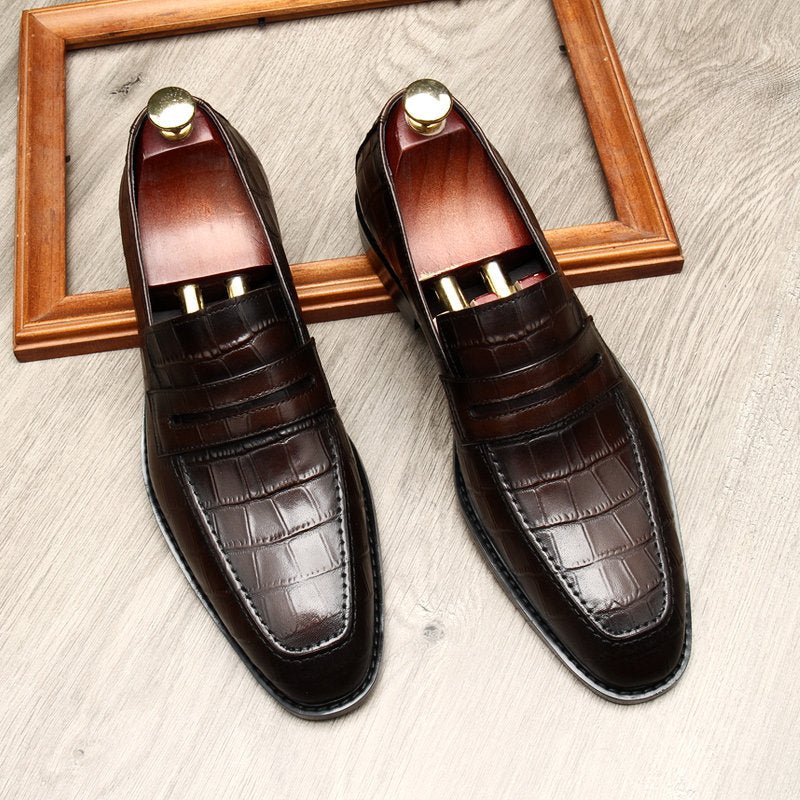 Dark Brown Crocodile Embossed Leather Loafers for Executive Business