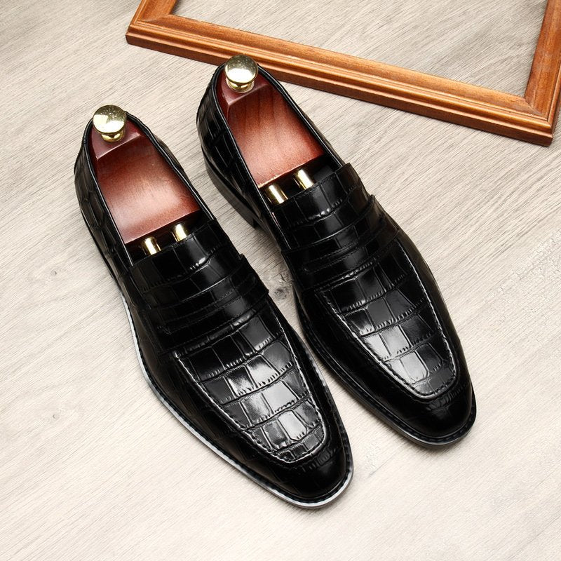 Black Men's Crocodile Pattern Real Leather Slip-On Dress Shoes for Business Professionals