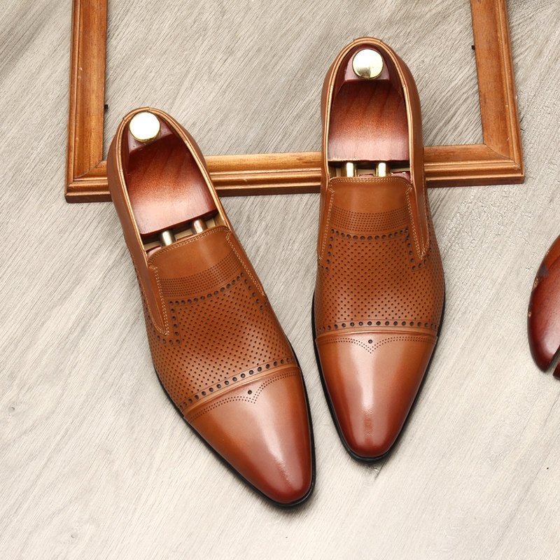 Rich Brown Artisan Etched Leather Loafers for Business Casual & Weddings