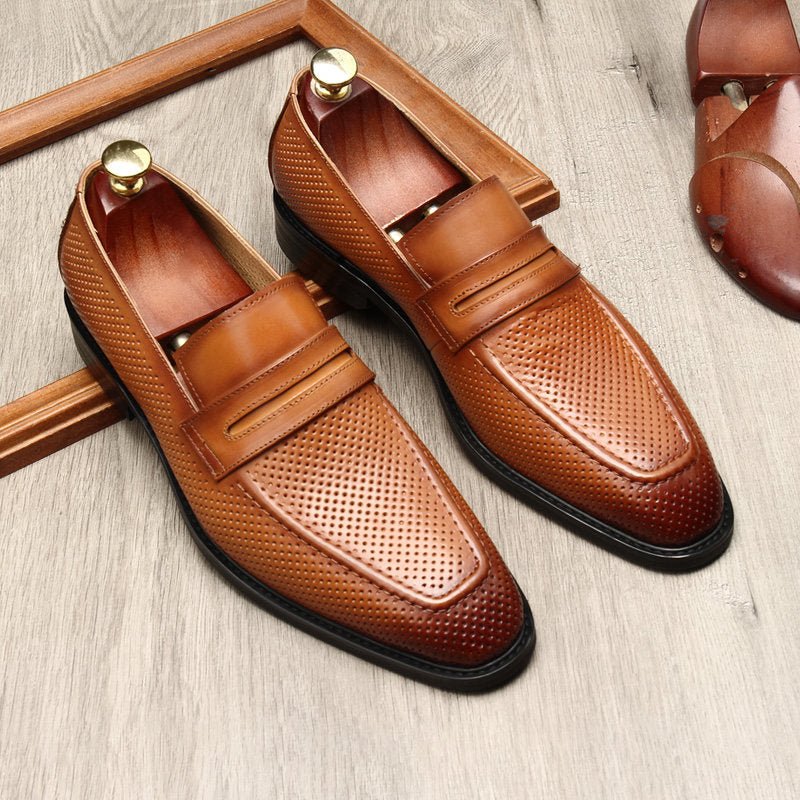Rich Brown Artisan Carved Leather Loafers for Business Casual & Weddings