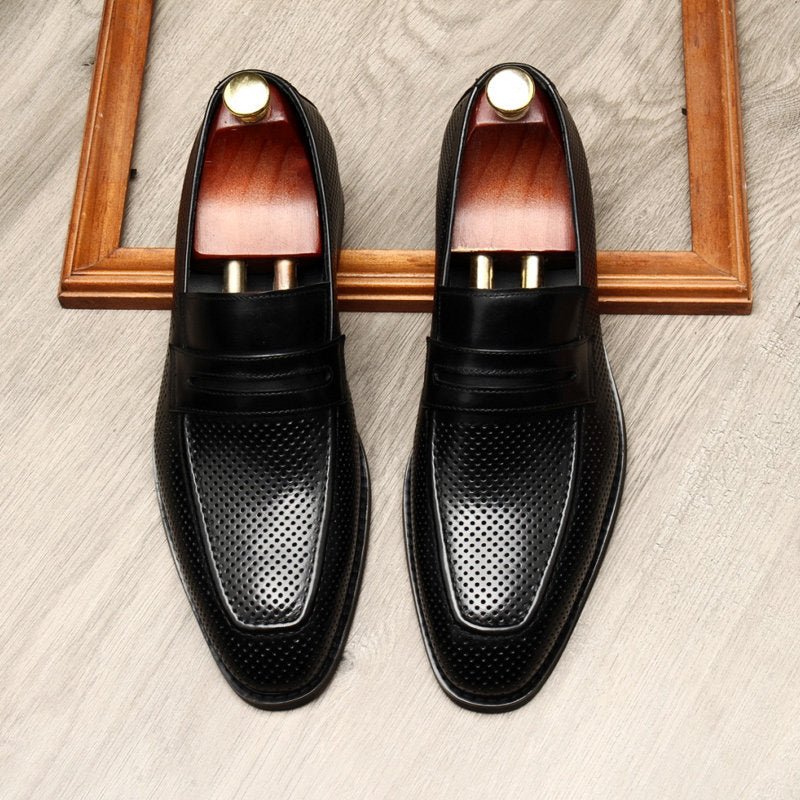 Black Engraved Genuine Leather Slip-On Formal Loafers for Men