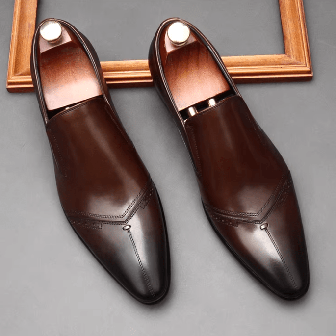 Dark Brown Pointed Toe Leather Loafers for Executive Business Professionals