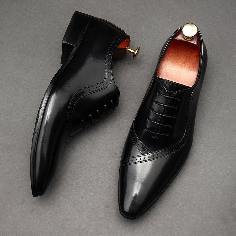 Handmade Men's Oxford Shoes: Pointed Toe Carved Leather Dress Shoesyes