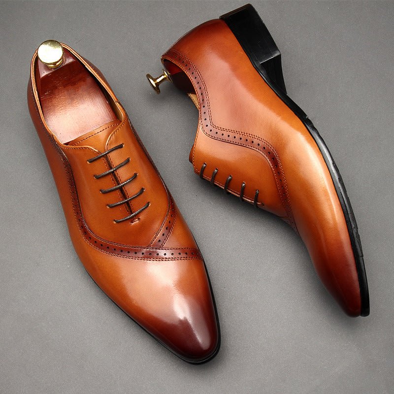 Handmade Men's Oxford Shoes: Pointed Toe Carved Leather Dress Shoesyes