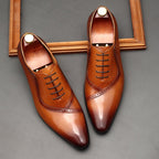 Handmade Men's Oxford Shoes: Pointed Toe Carved Leather Dress Shoesyes