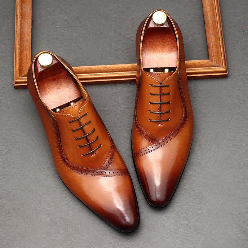 Handmade Men's Oxford Shoes: Pointed Toe Carved Leather Dress Shoesyes