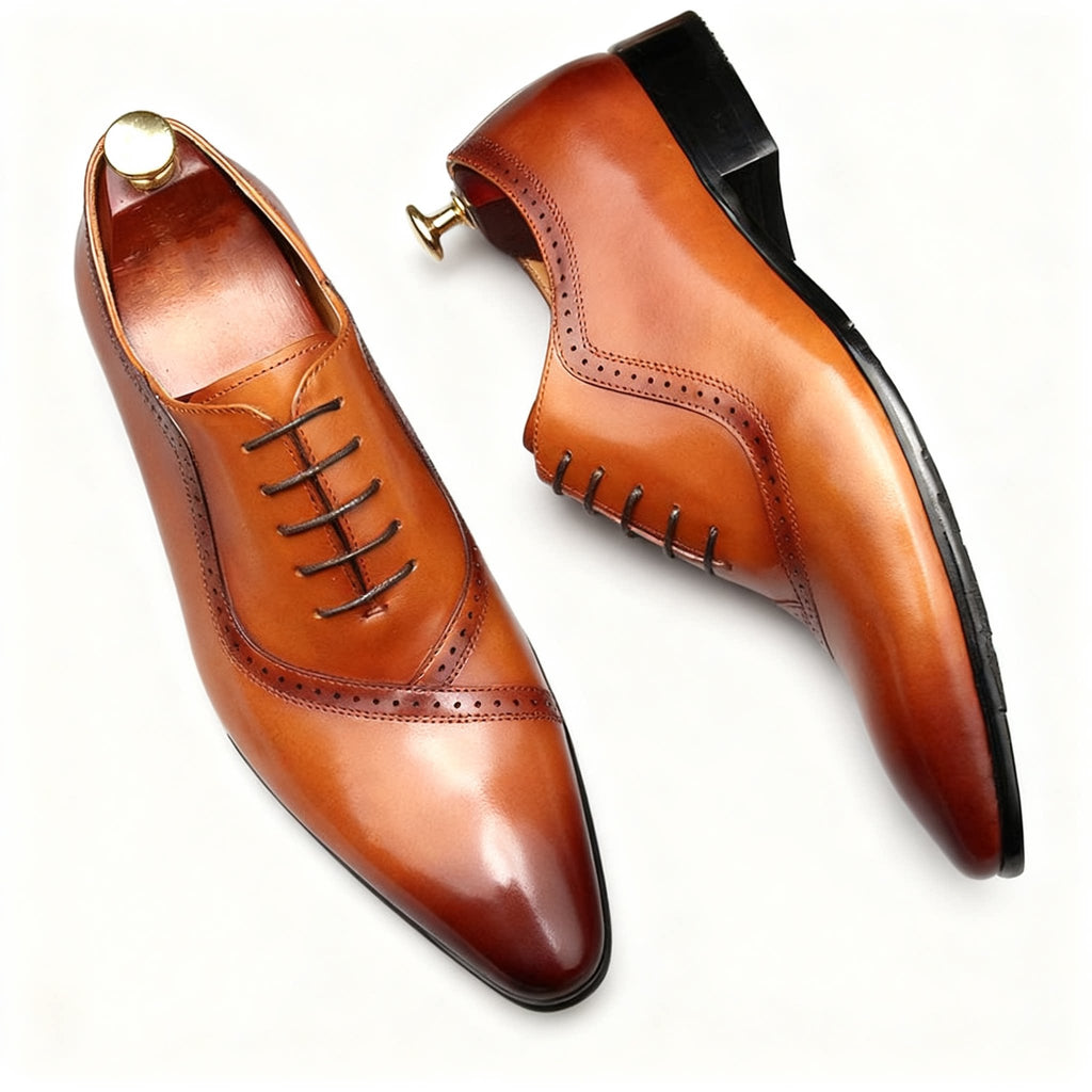 Handmade Men's Oxford Shoes: Pointed Toe Carved Leather Dress Shoesyes