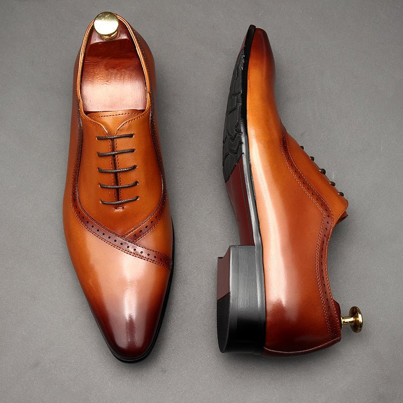 Handmade Men's Oxford Shoes: Pointed Toe Carved Leather Dress Shoesyes