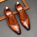 Handmade Men's Oxford Shoes: Pointed Toe Carved Leather Dress Shoesyes