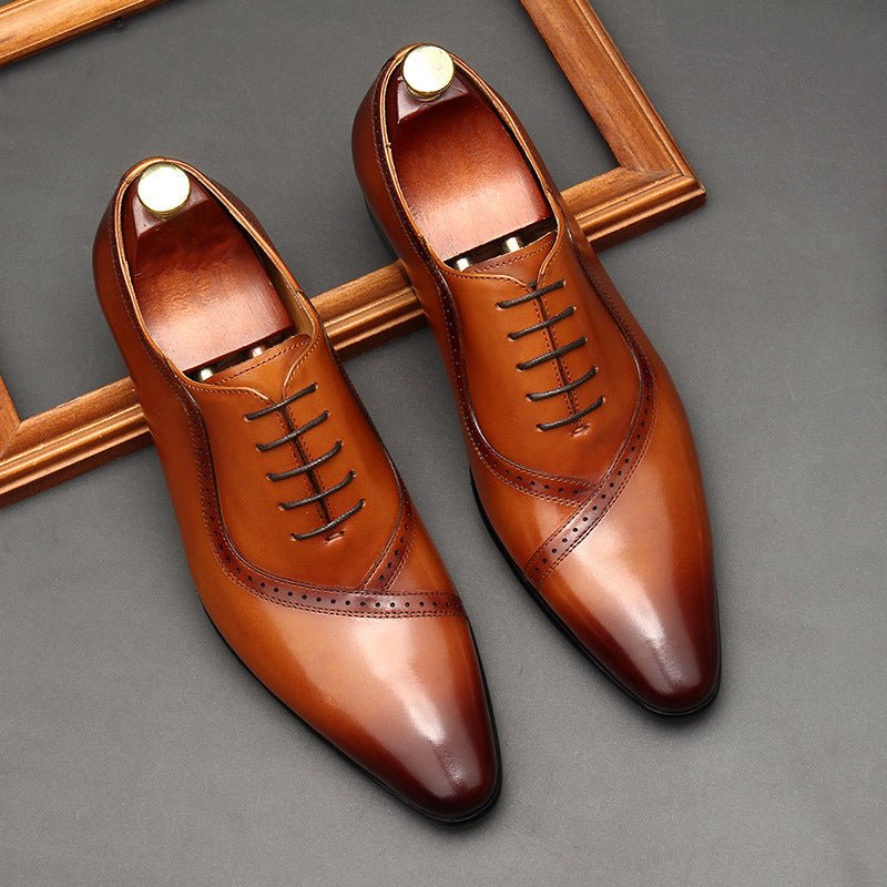 Handmade Men's Oxford Shoes: Pointed Toe Carved Leather Dress Shoesyes