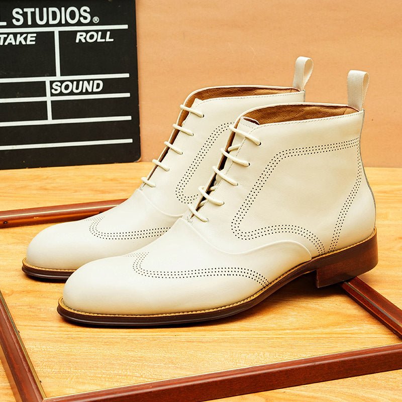 Men's Sand Beige Genuine Leather Brogue Lace-Up Ankle Dress Boots