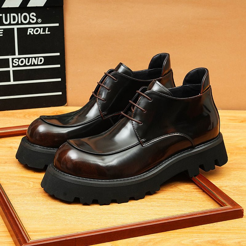 Deep Espresso Brown Leather Round-Toe Boots showing Thick Sole Elevation and Lacing