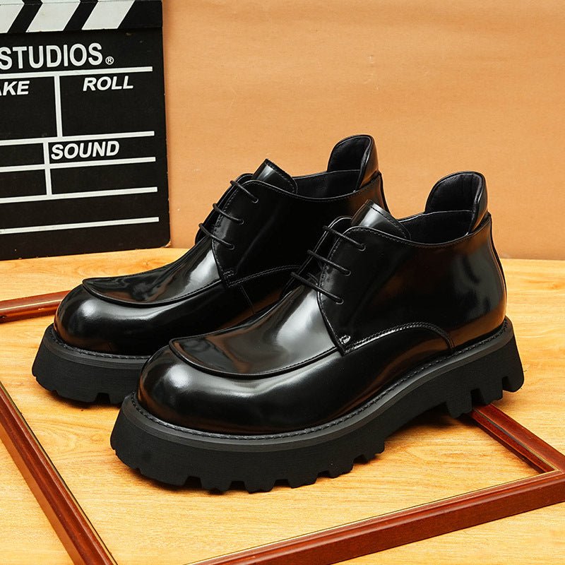Men's Midnight Black Round-Toe Thick-Sole Genuine Leather Lace-Up Ankle Boots