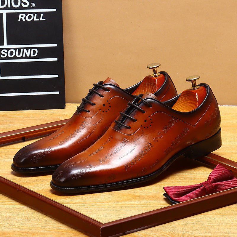 Laser - Etched Leather Oxford Dress Shoes Patina Finish Men's Formal Shoesyes