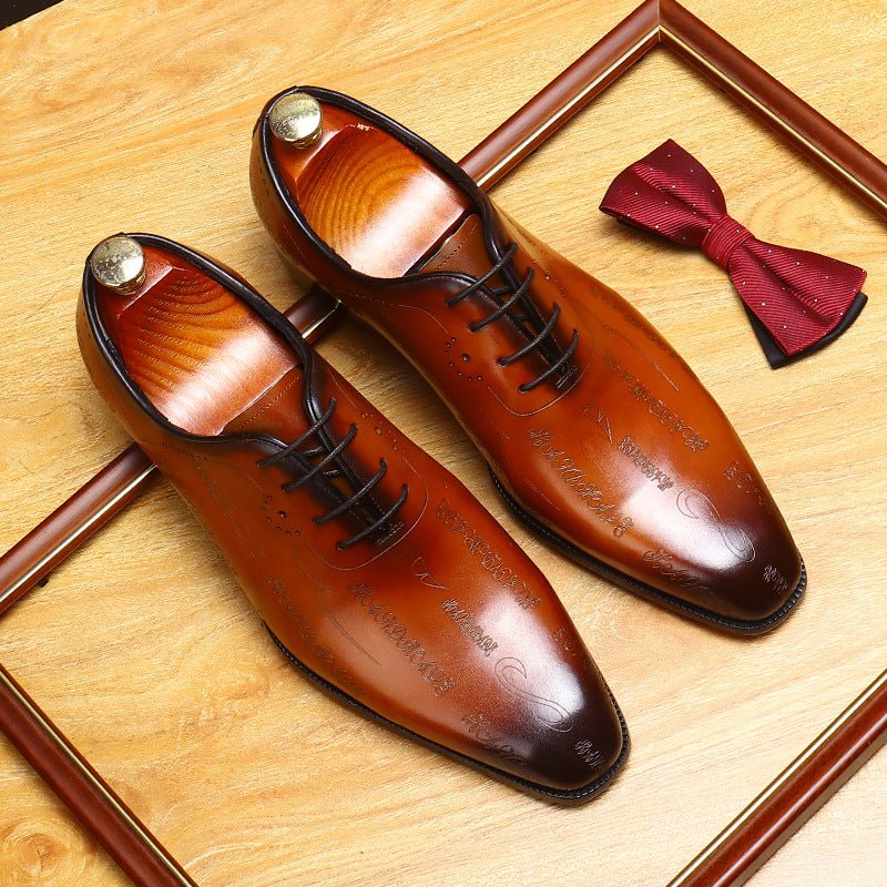 Laser - Etched Leather Oxford Dress Shoes Patina Finish Men's Formal Shoesyes