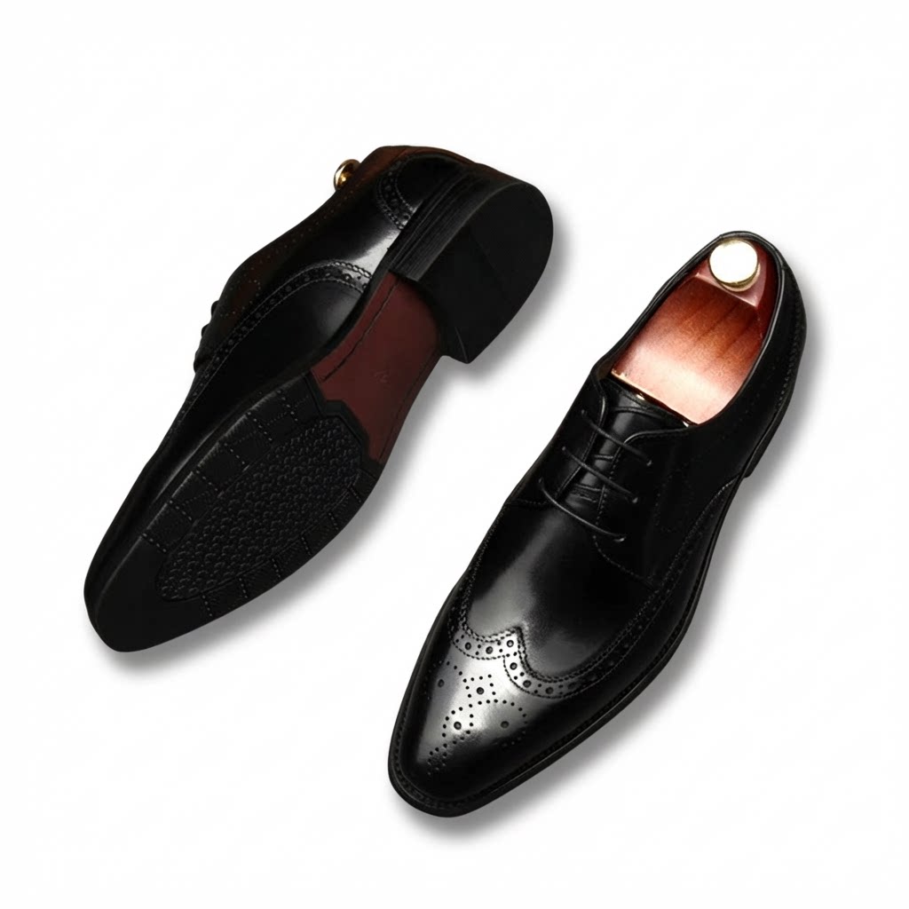 Men's black all leather brogue derby business shoes for formal office wear and weddings.
