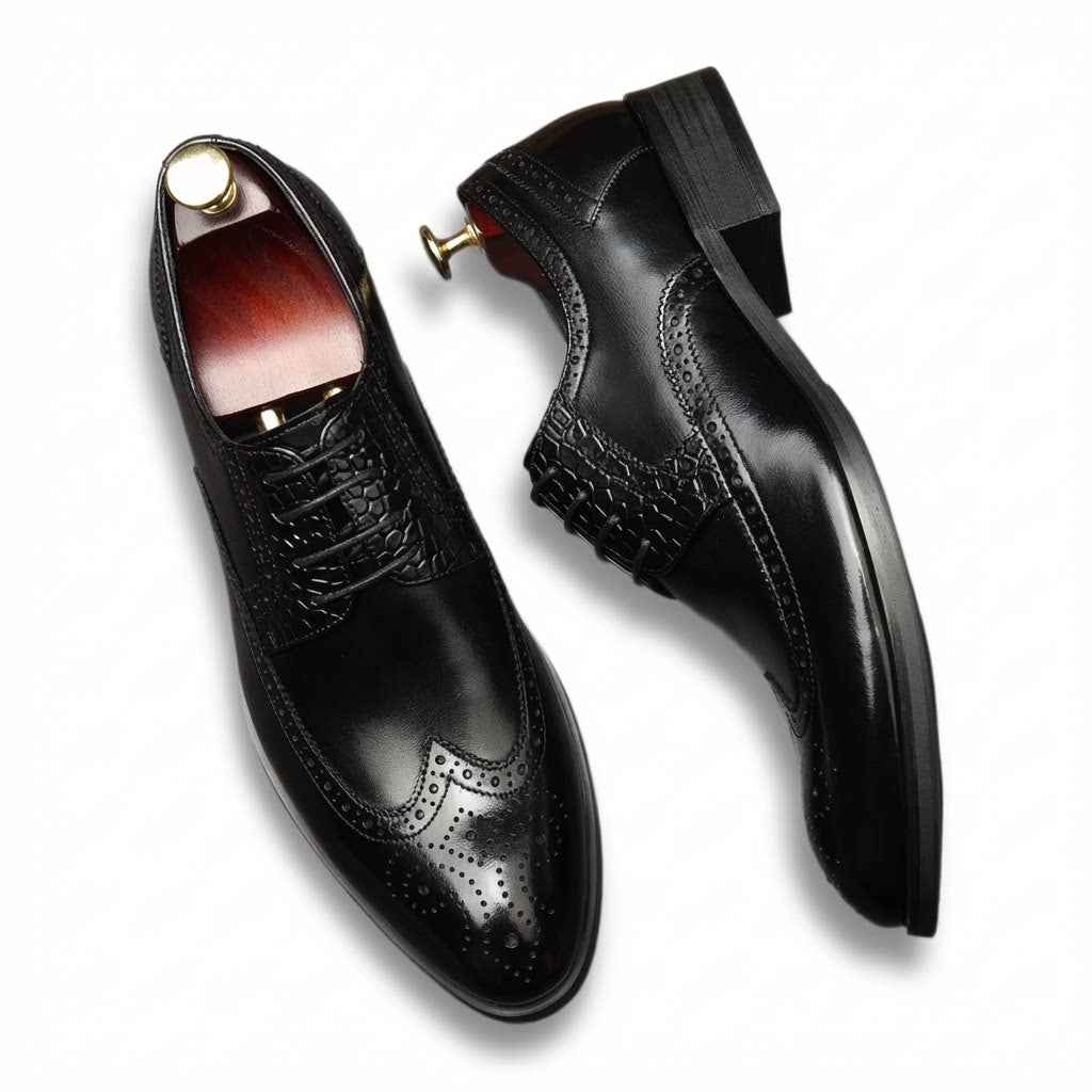 Men's black brogue leather derby dress shoes for formal weddings and business.
