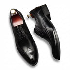 Men's black brogue leather derby dress shoes for formal weddings and business.