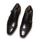 Men's black double monk strap shoes in premium genuine leather for business and weddings.