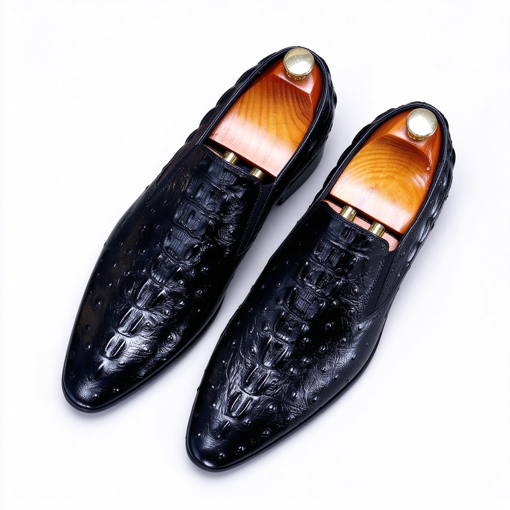 Pair of men's exotic leather loafers in sleek black, designed as slip-on dress shoes for formal wear.
