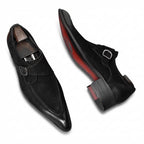 Men's black sleek plain toe monk strap shoes in premium solid leather for business.