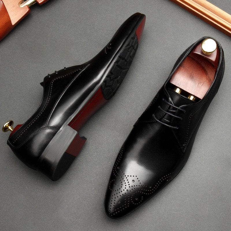 Men's Black Pointed Derby Shoes: Stylish Brogue Business Dress Shoesyes