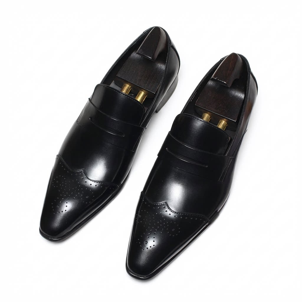 Men's black pointed toe brogue loafers in premium genuine leather for formal weddings.