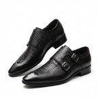 Men's black pointed toe crocodile pattern double monk strap shoes for formal weddings.