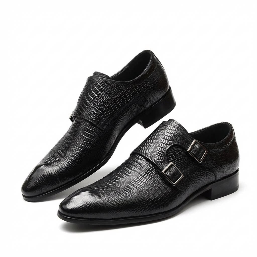 Men's black pointed toe crocodile pattern double monk strap shoes for formal weddings.