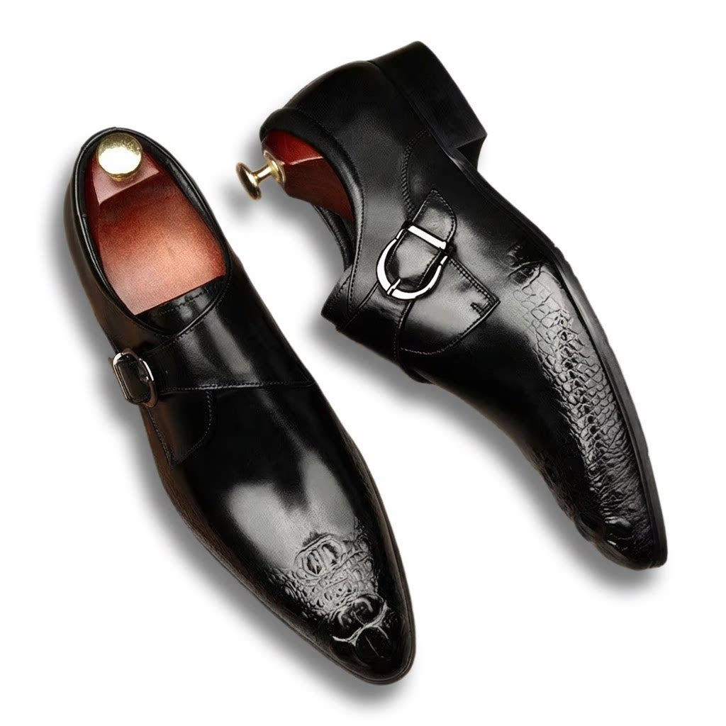 Men's black pointed toe crocodile pattern leather single monk strap shoes for formal weddings.