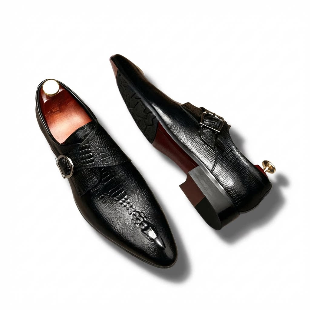 Men's black pointed toe crocodile pattern leather single monk strap shoes for formal weddings.