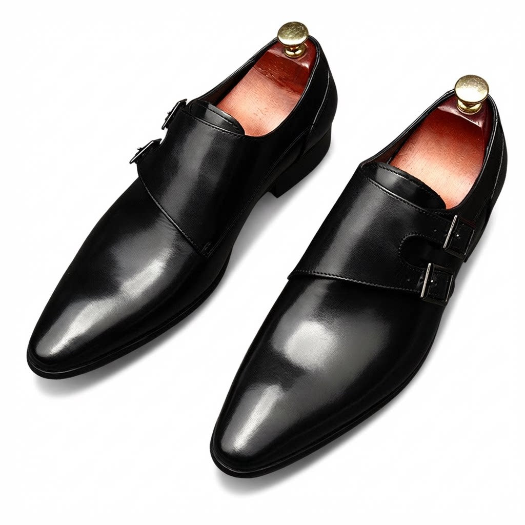 Men's black pointed toe genuine leather double monk strap shoes for formal weddings.