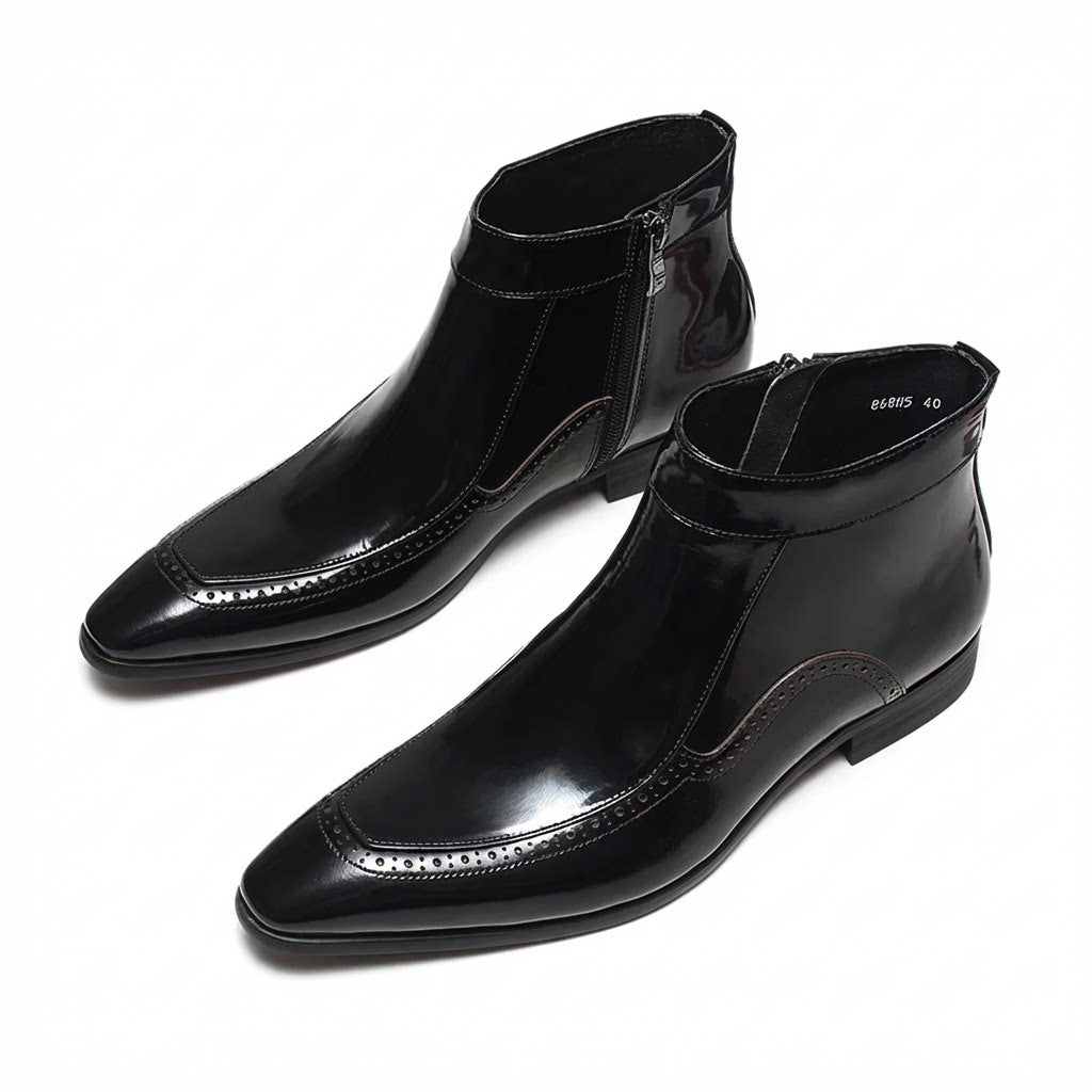 Men's sleek black side-zip ankle boots in premium genuine leather with a sharp European silhouette.