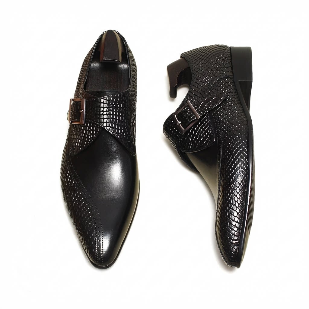 Men's black premium real leather single monk strap dress shoes for business and formal wear.