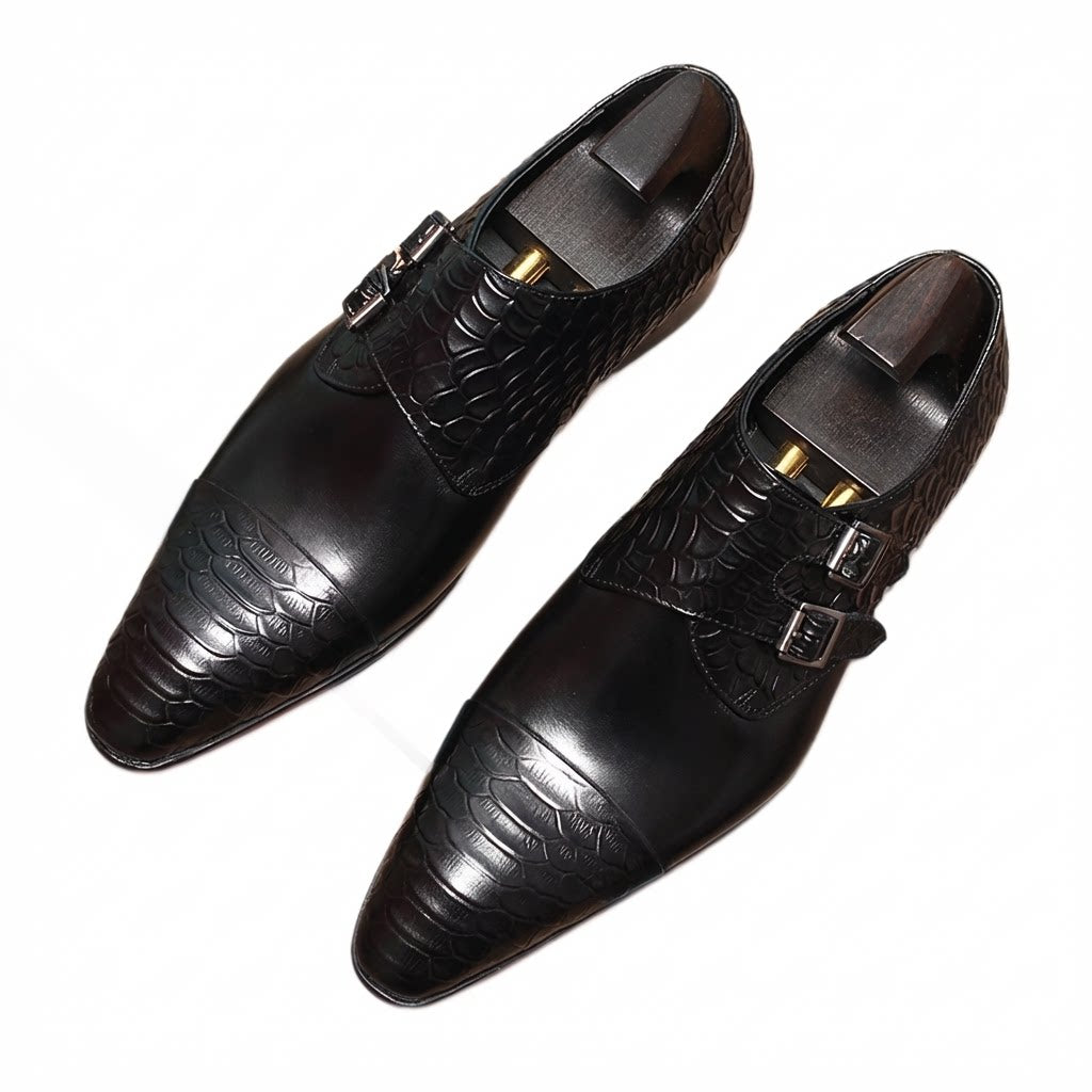Men's black premium real leather single monk strap dress shoes for business and formal wear.