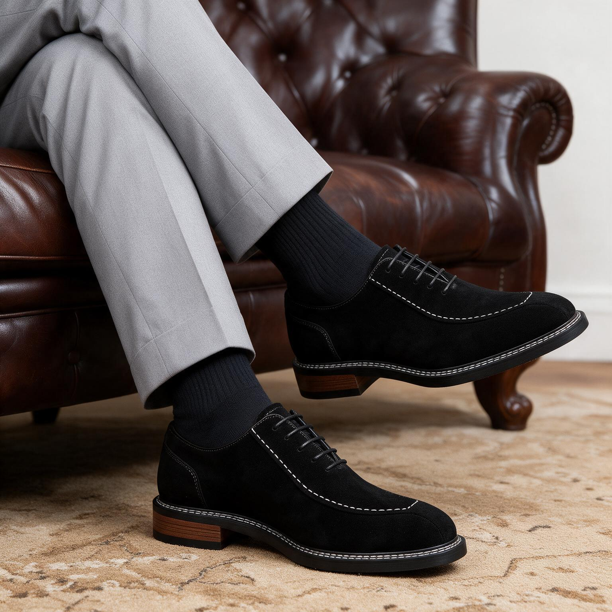 Black suede lace-up oxford shoes with pointed toe and low block heel