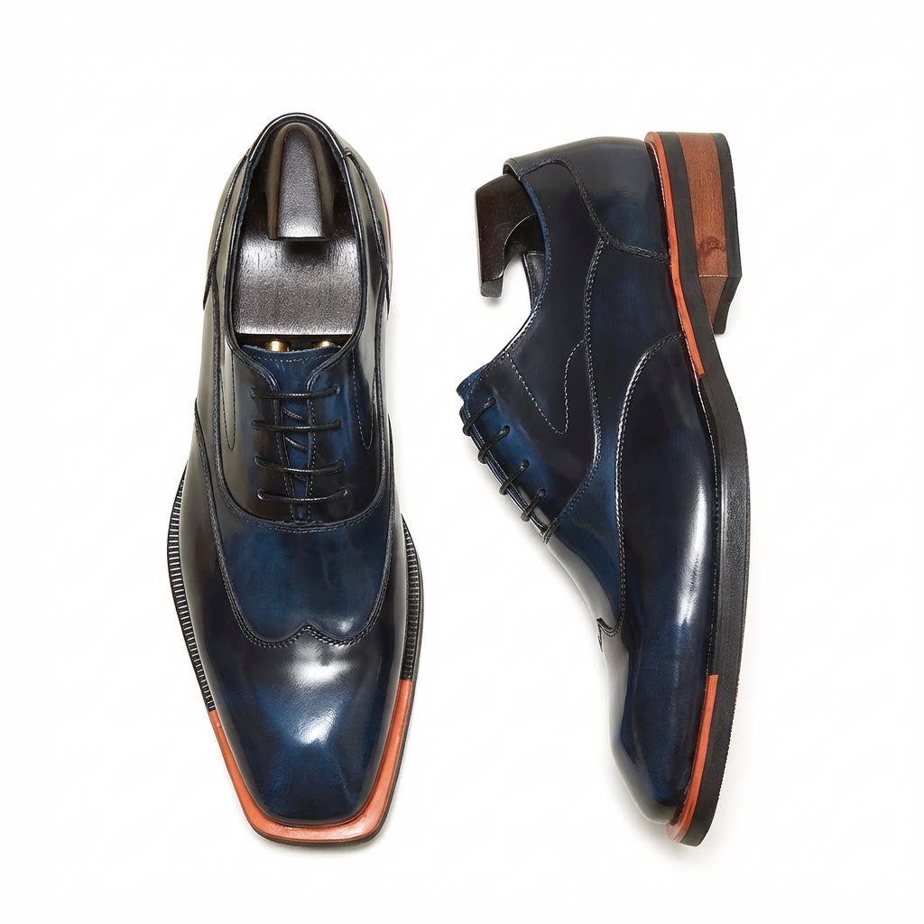 Men's Blue Bold Wingtip Brogue Oxford Genuine Leather Dress Shoes Front View