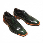 Men's Green Bold Wingtip Brogue Oxford Genuine Leather Dress Shoes Front View