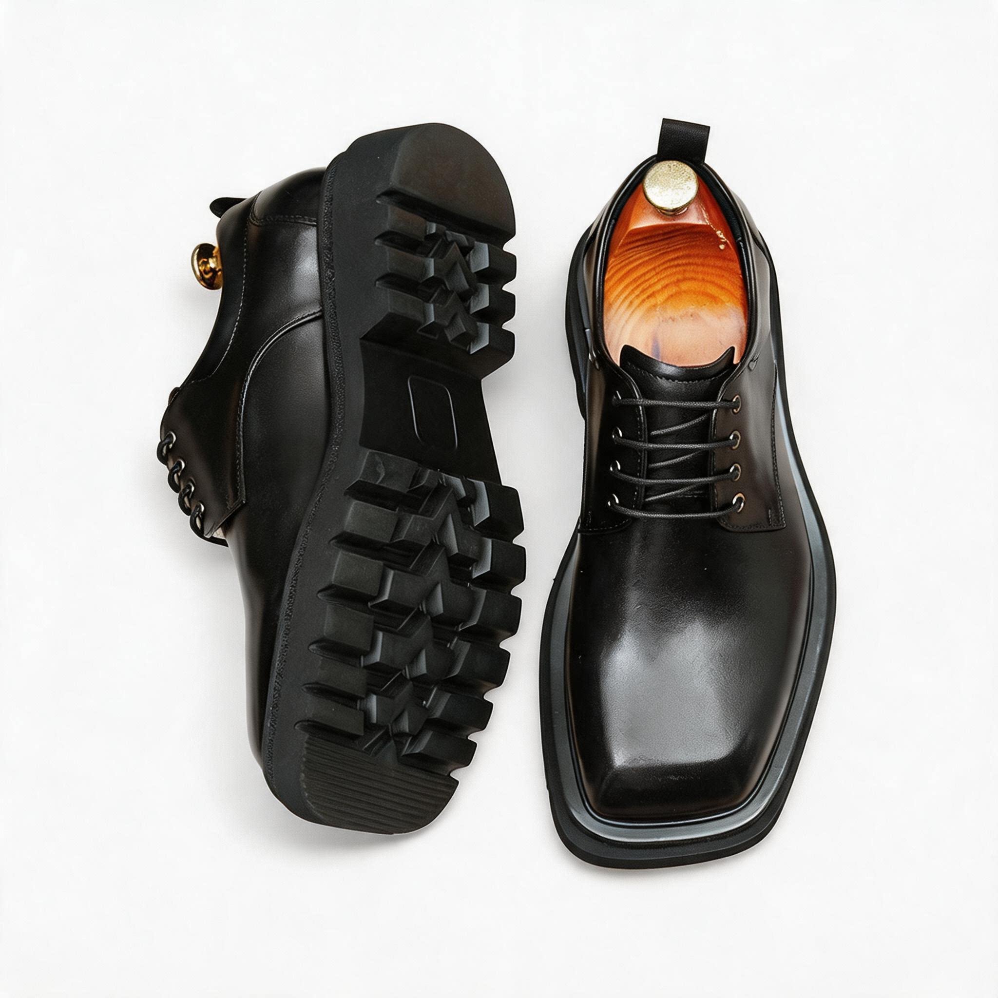 Men's Broad Square Toe Derbies: Chunky Sole Leather Dress Shoes