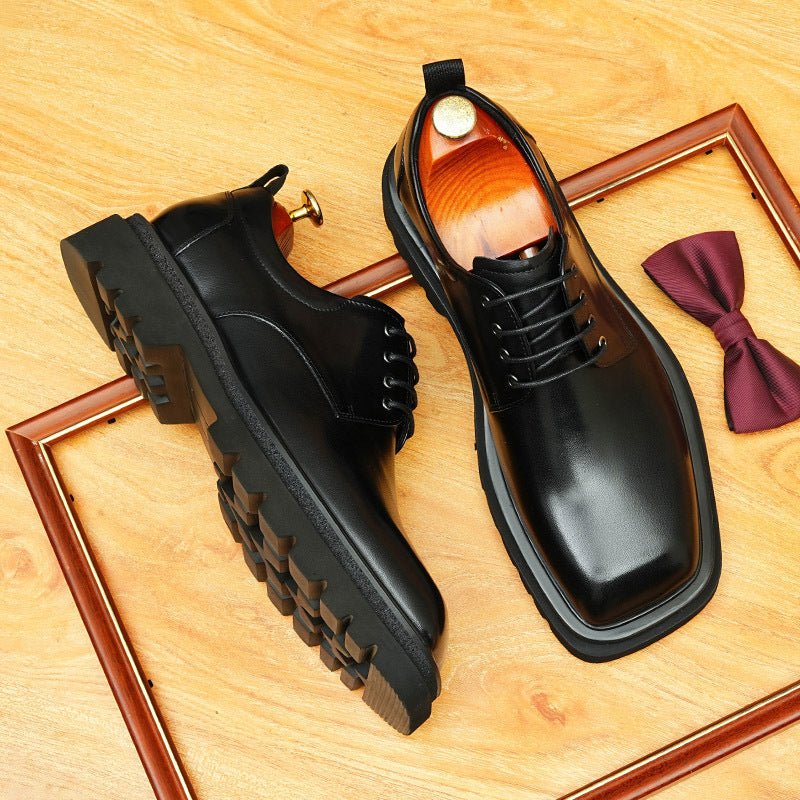 Men's Broad Square Toe Derbies: Chunky Sole Leather Dress Shoes