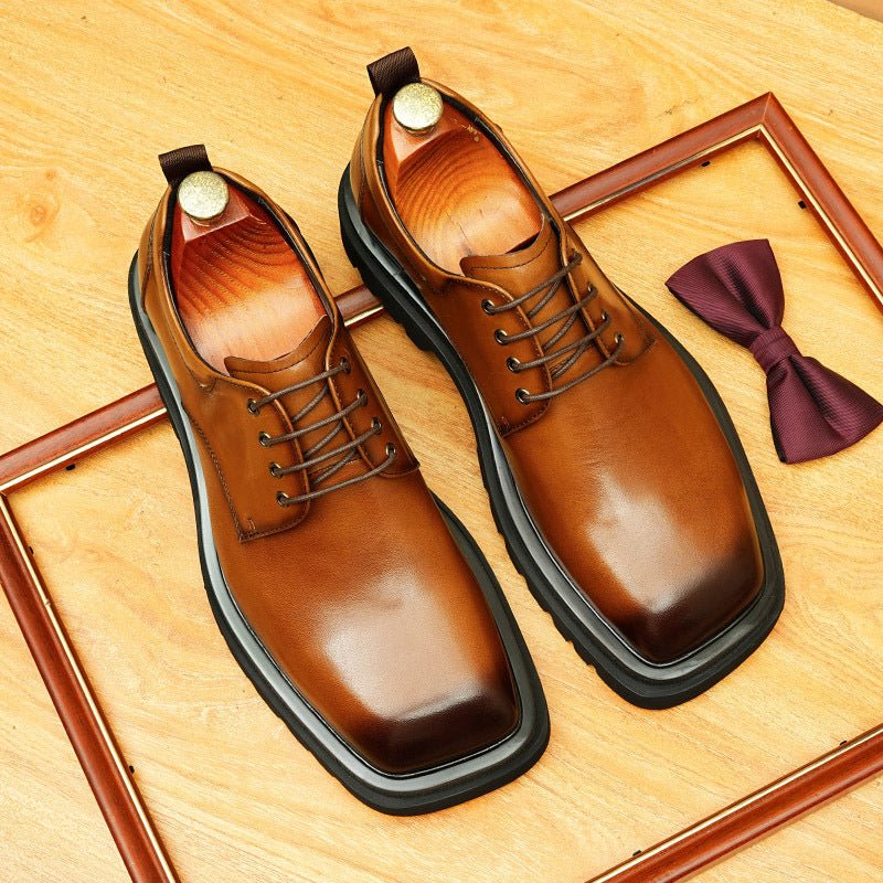 Men's Broad Square Toe Derbies: Chunky Sole Leather Dress Shoes