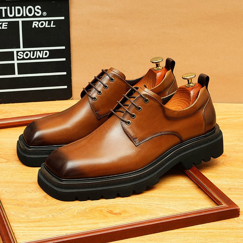 Men's Broad Square Toe Derbies: Chunky Sole Leather Dress Shoes