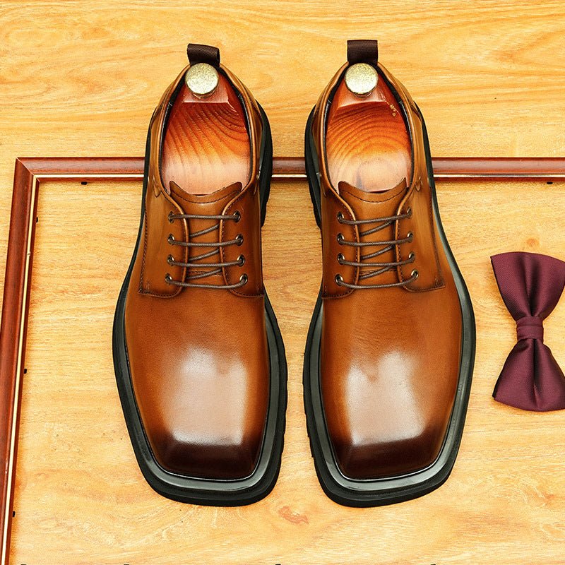 Men's Broad Square Toe Derbies: Chunky Sole Leather Dress Shoes