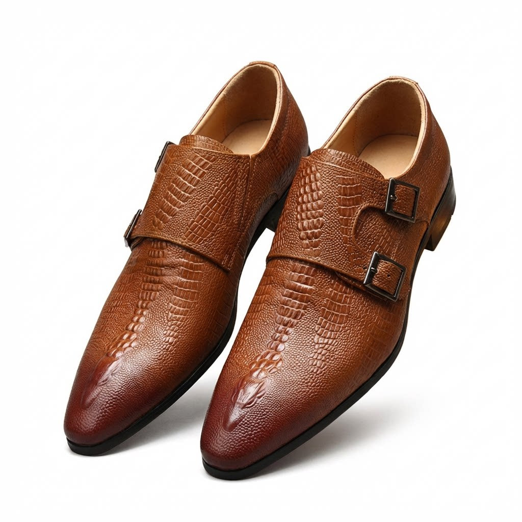 Sophisticated brown crocodile embossed leather double monk strap shoes for business parties.