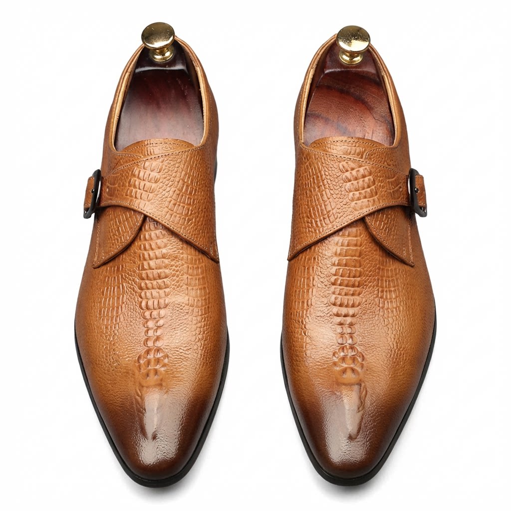 Sophisticated brown crocodile embossed leather monk strap dress shoes for business parties.