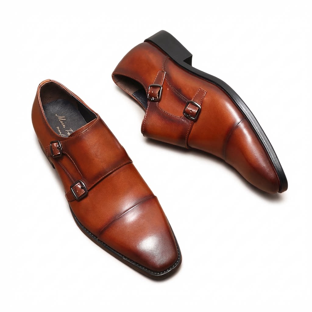 Elegant brown leather double monk strap shoes featuring a sleek silhouette and rubber sole.