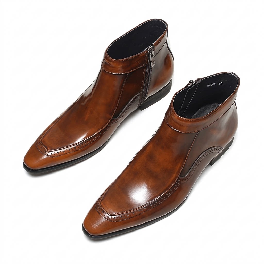 Professional brown leather side-zip boots for men featuring a high-traction rubber sole for business.